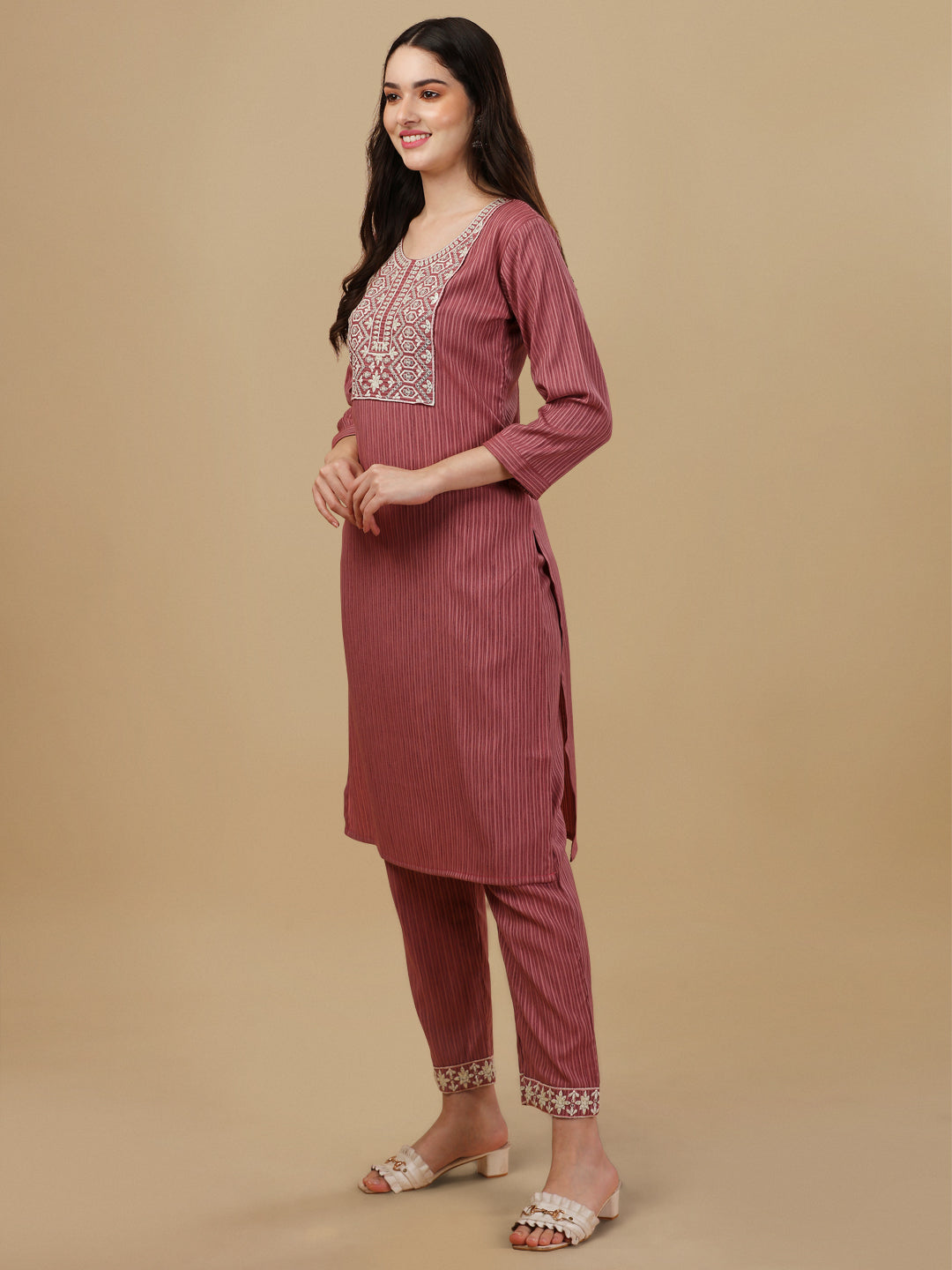 STRIPED PRINTED KURTI PANT SET-GREY