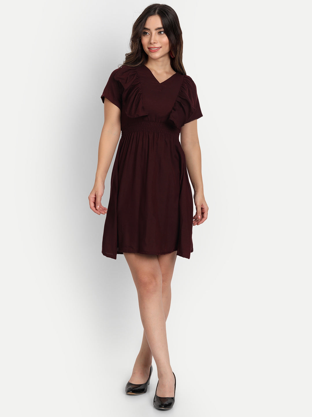 SOLID SHORT DRESS WITH RUFFLE-MAROON