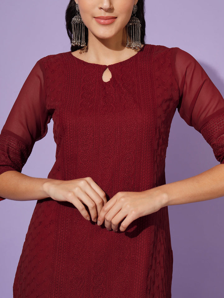 EMBROIDERY KURTI WITH PALAZZO - WINE