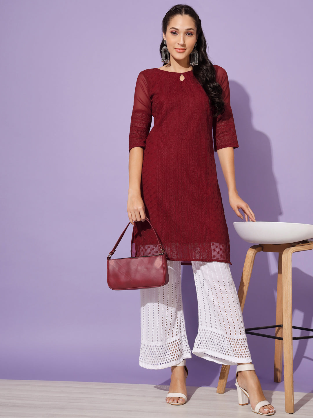 EMBROIDERY KURTI WITH PALAZZO - WINE