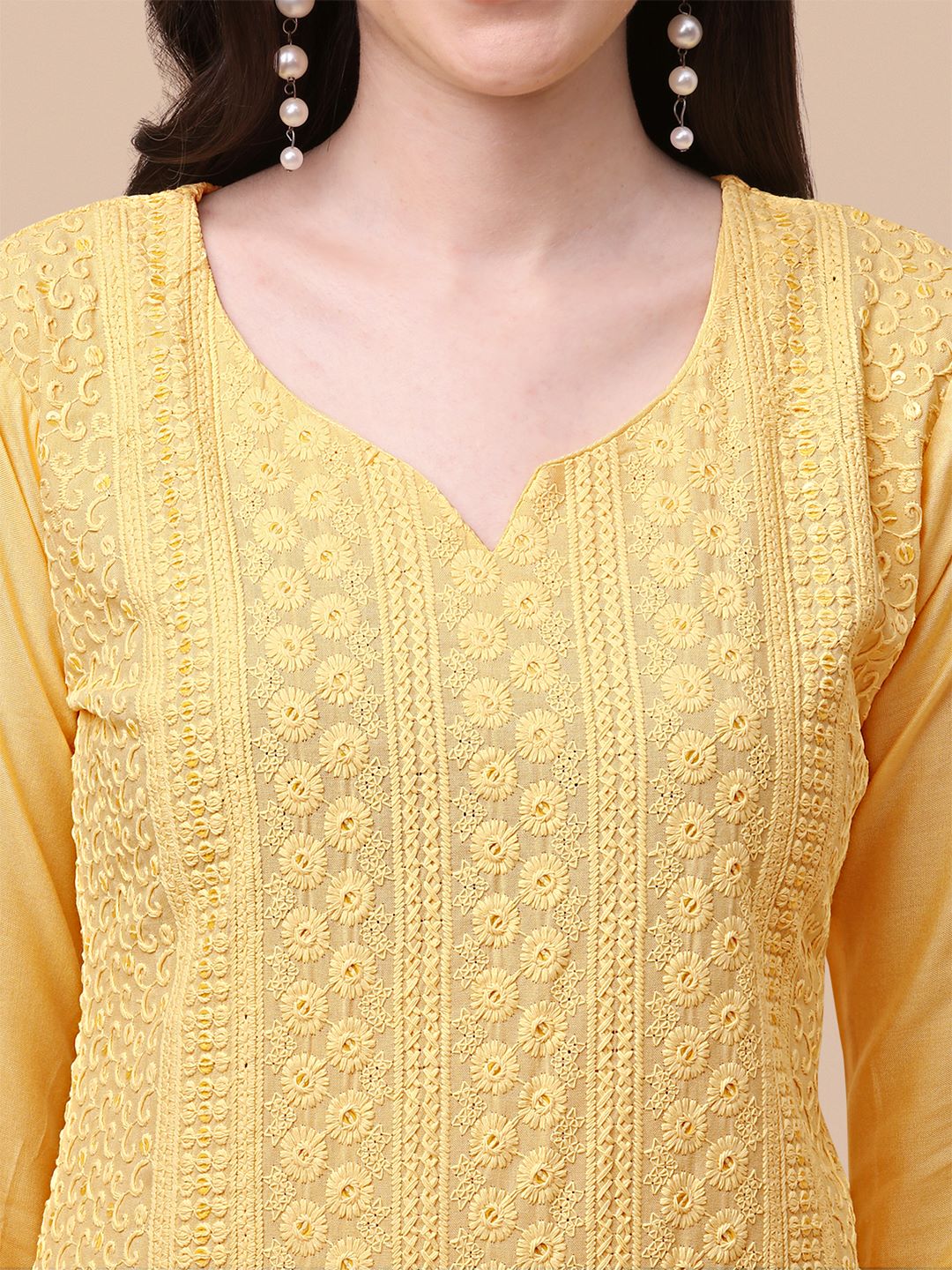 FANCY EMBROIDERY KURTI PALAZZO SET - YELLOW