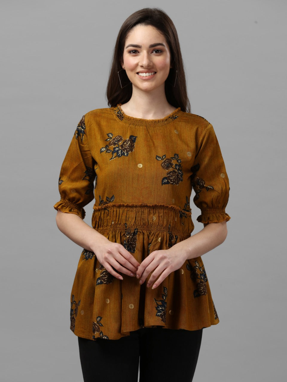 DARK FLORAL PRINTED TOP - BROWN