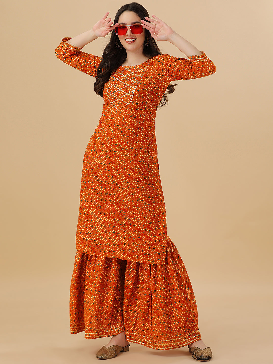 BANDHANI PRINTED SHARARA KURTI SET-YELLOW