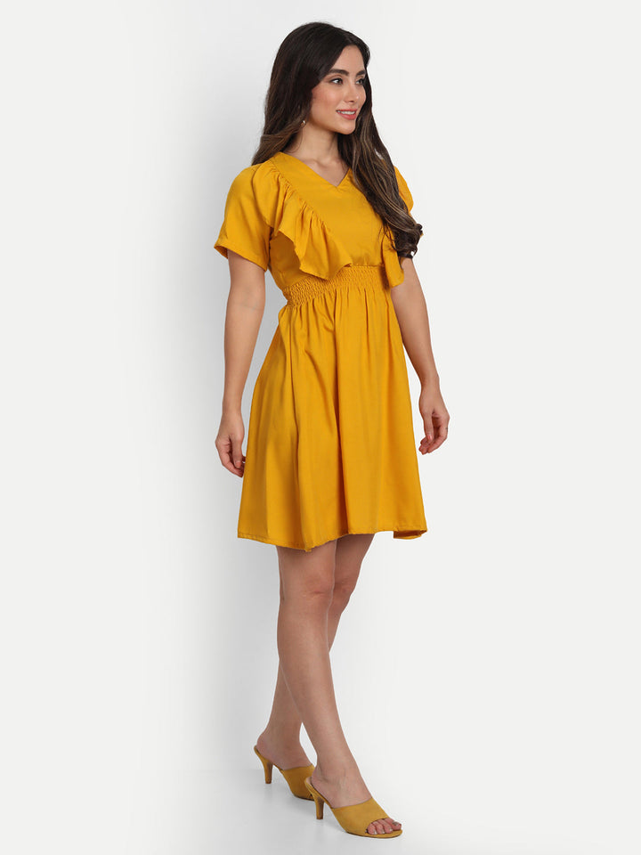 SOLID SHORT DRESS WITH RUFFLE-YELLOW