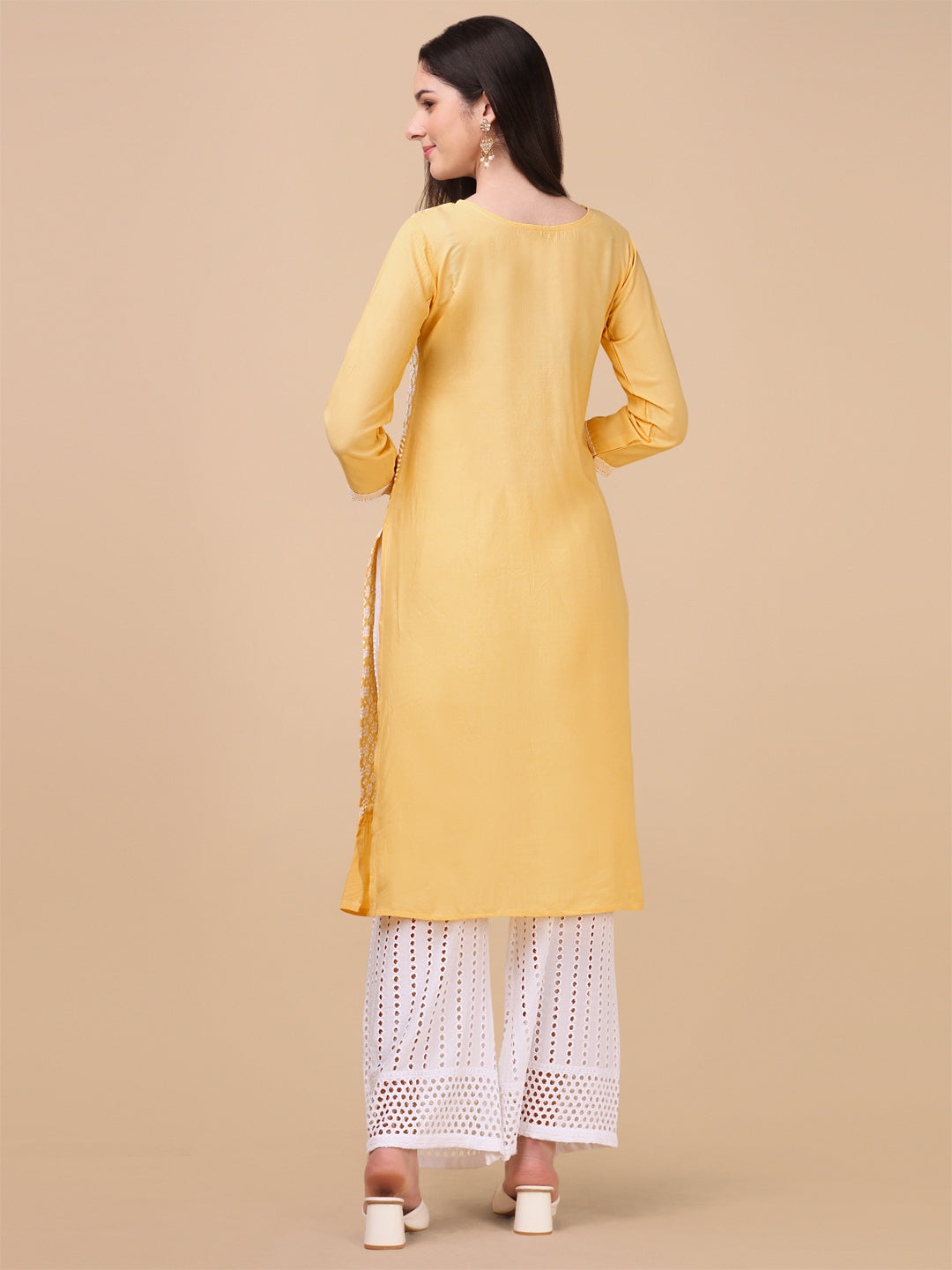 EMBROIDERY RAYON KURTI PALAZZO SET - YELLOW