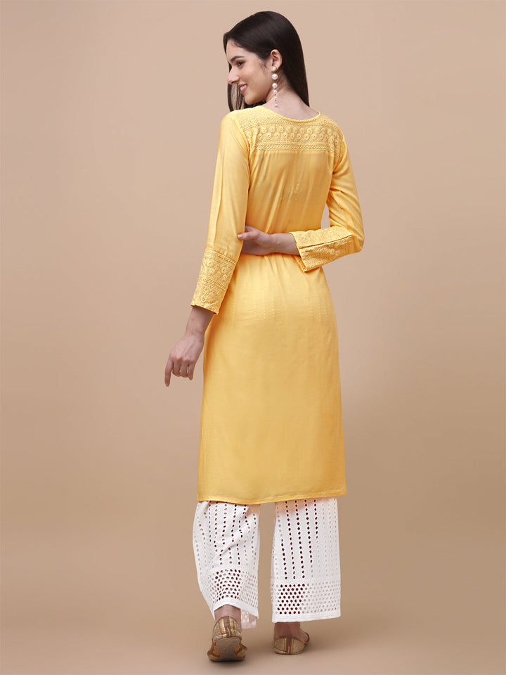 FANCY EMBROIDERY KURTI PALAZZO SET - YELLOW