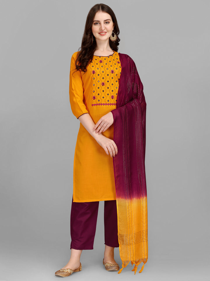 Ethnic Motifs Yoke Design Regular Thread Work Kurta With Trousers & Dupatta