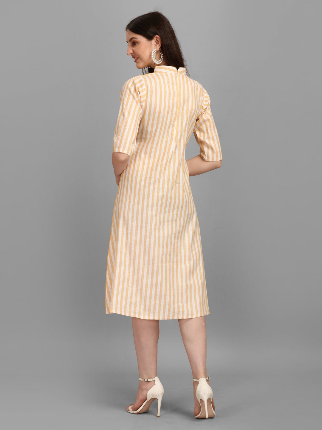 WOMEN STRIPED FANCY MIDI DRESS - BEIGE