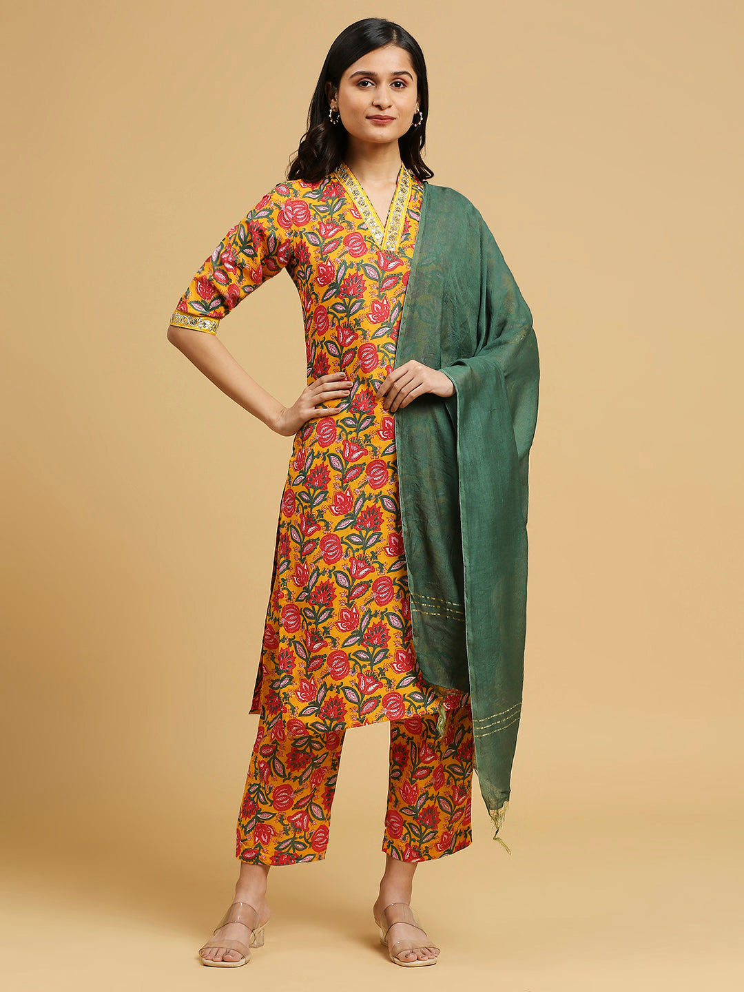 Embroidered Cotton Kurti, Pant, and Dupatta Set