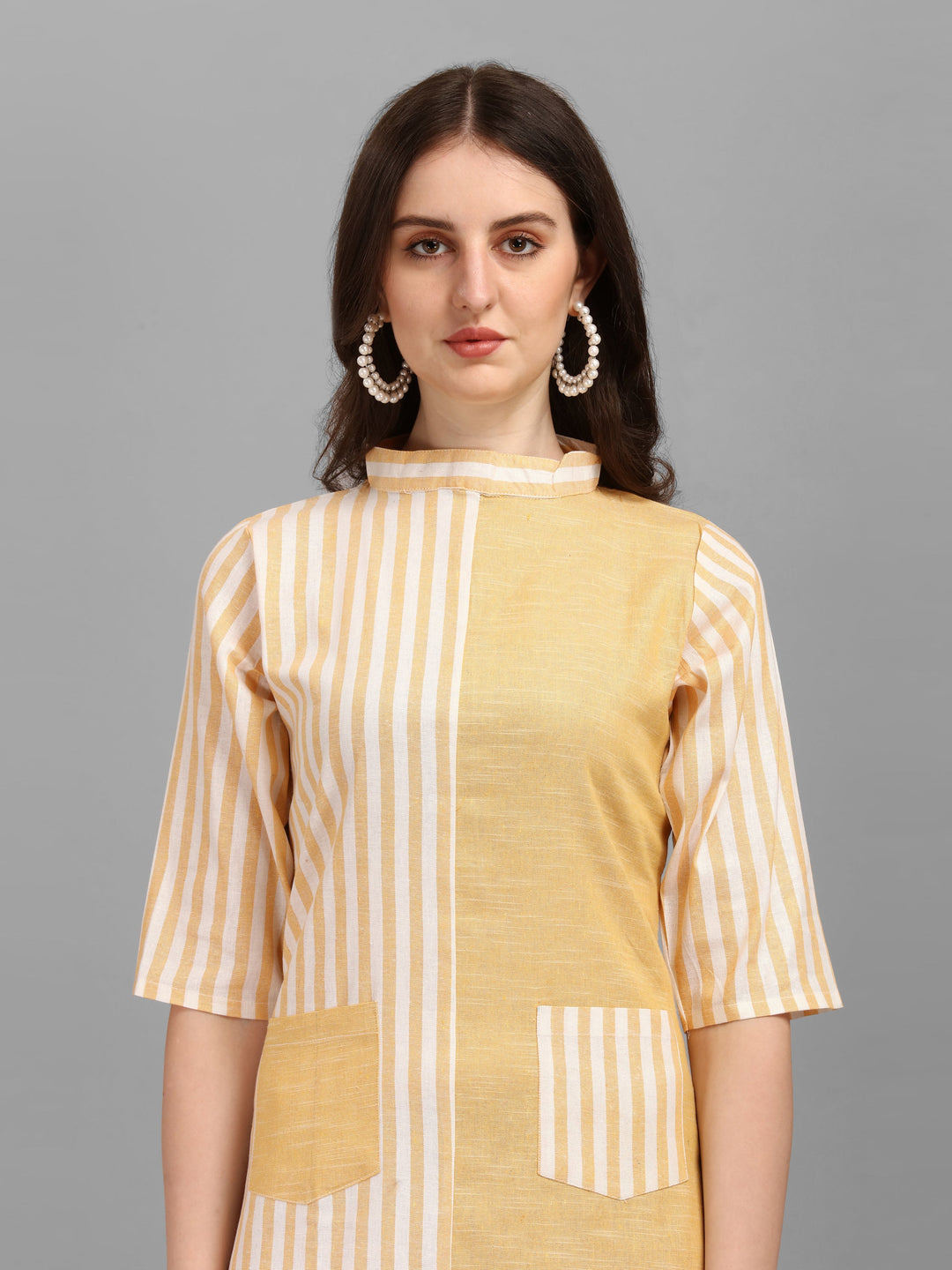 WOMEN STRIPED FANCY MIDI DRESS - YELLOW