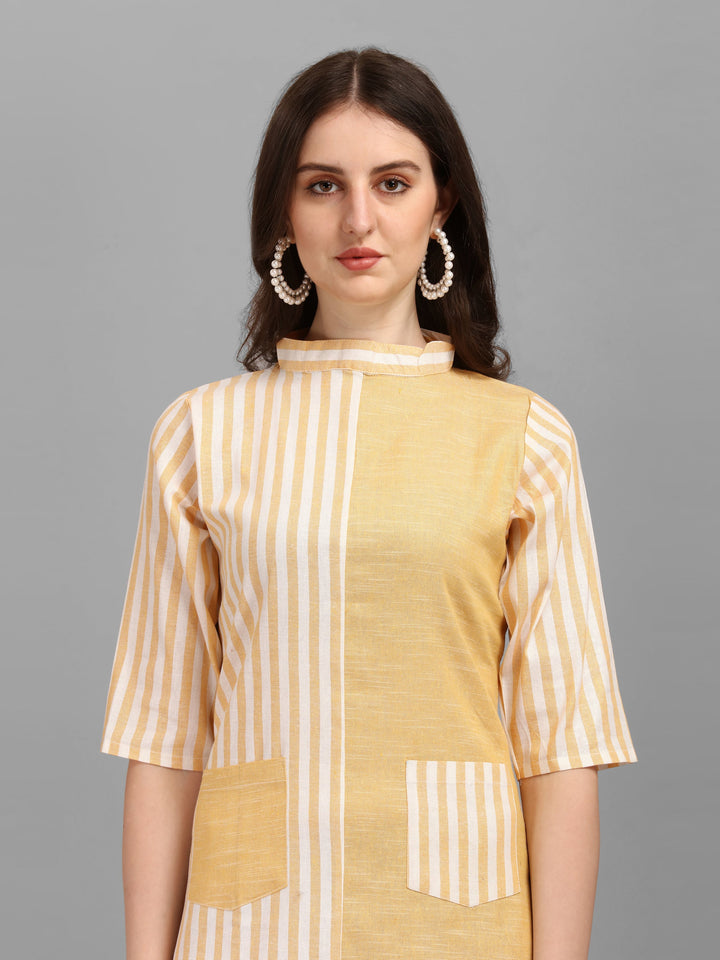 WOMEN STRIPED FANCY MIDI DRESS - YELLOW