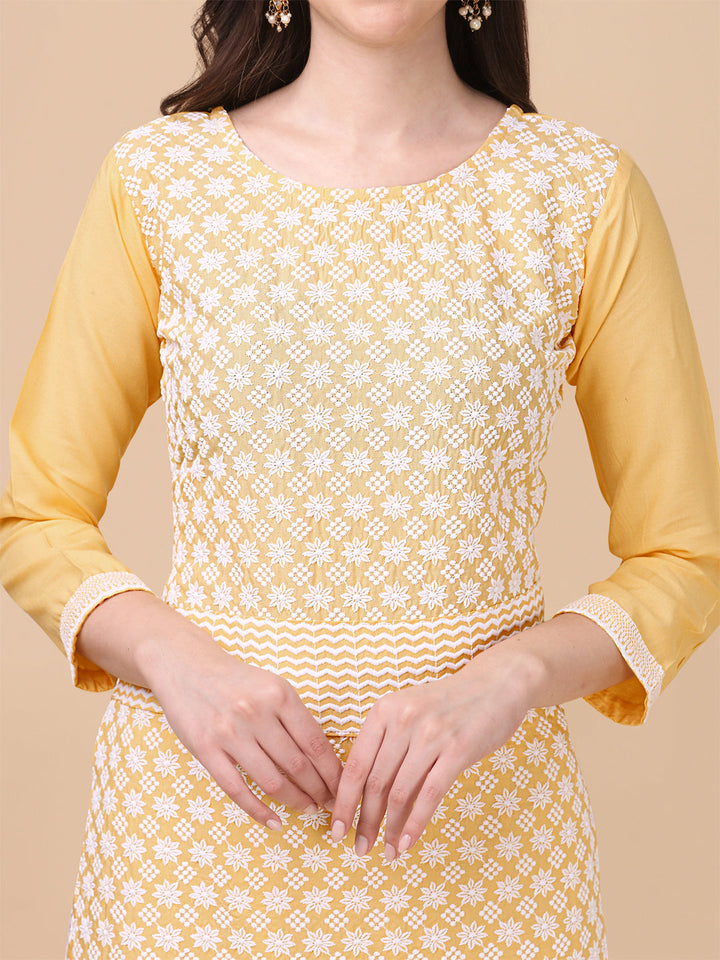 EMBROIDERY RAYON KURTI PALAZZO SET - YELLOW