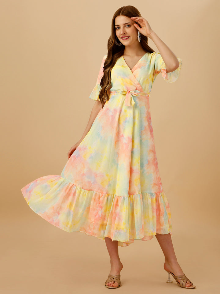 SPRING RUFFLED BELTED DRESS