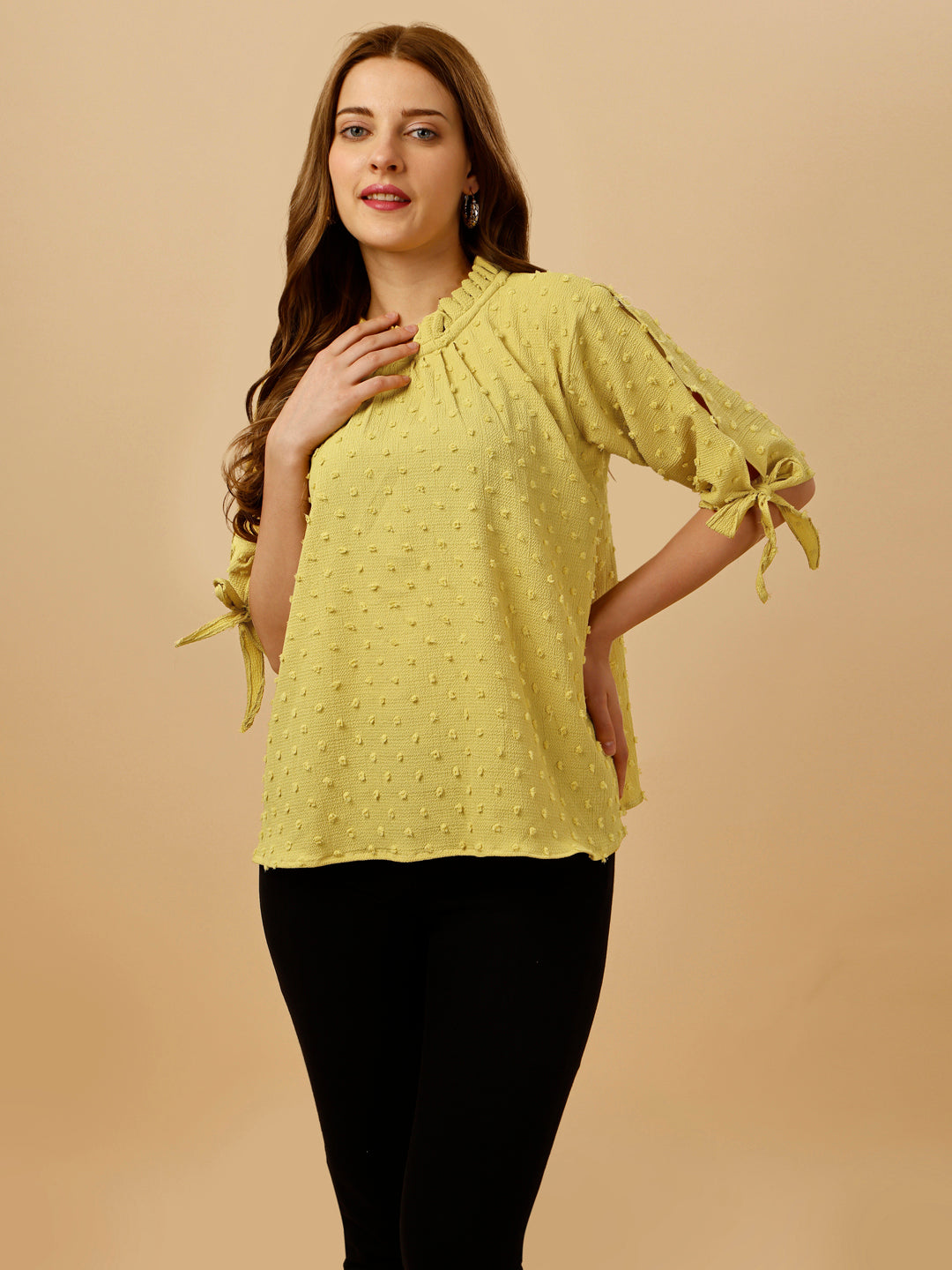 RUFFLE NECK PASTEL TOP-YELLOW