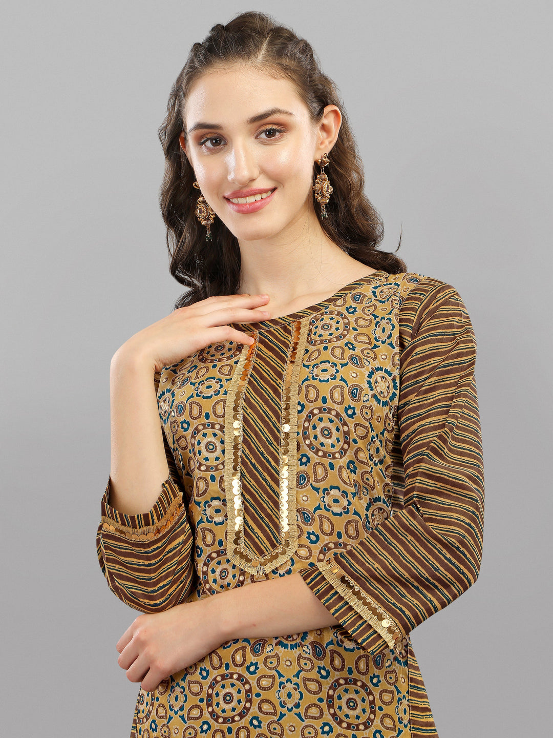 PRINTED KURTI, PANT & DUPATTA SET-YELLOW