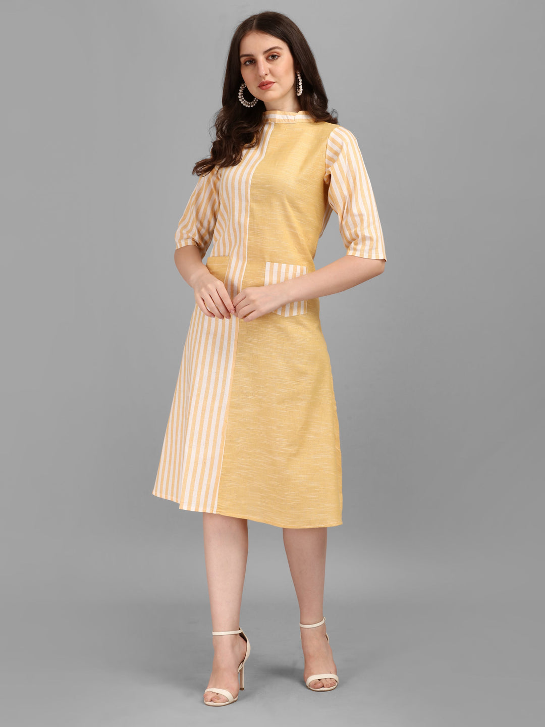 WOMEN STRIPED FANCY MIDI DRESS - ORANGE