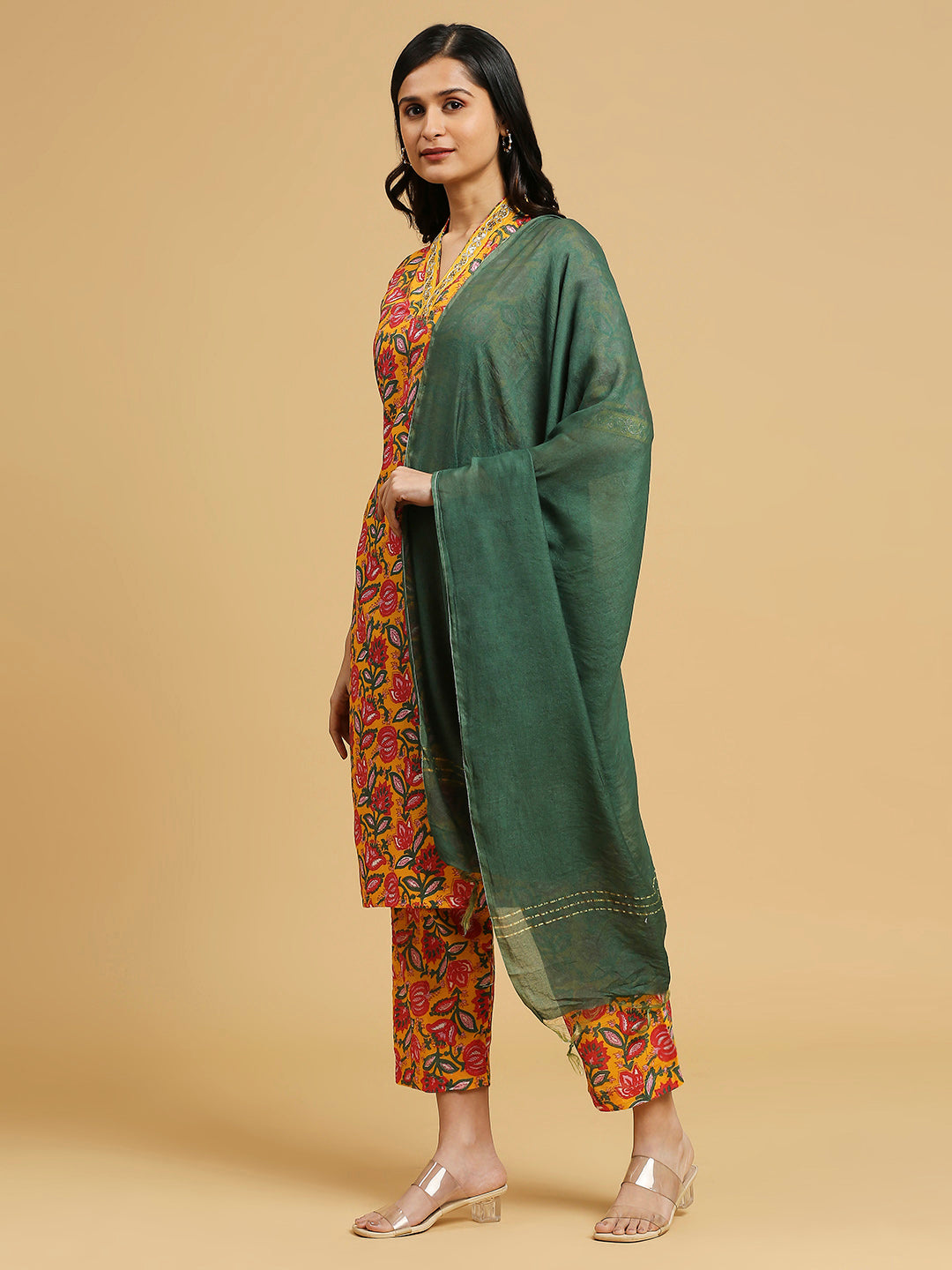 Embroidered Cotton Kurti, Pant, and Dupatta Set