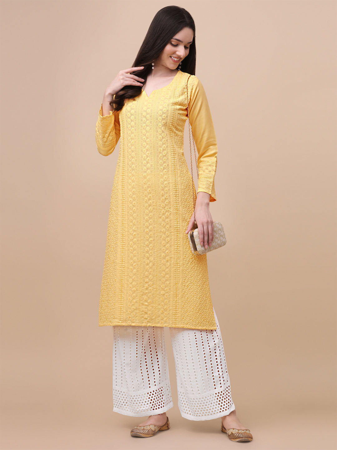 FANCY EMBROIDERY KURTI PALAZZO SET - YELLOW