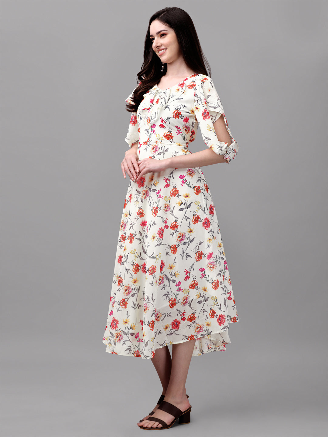 FANCY SLEEVE WITH FLORAL PRINTED GOWN - YELLOW