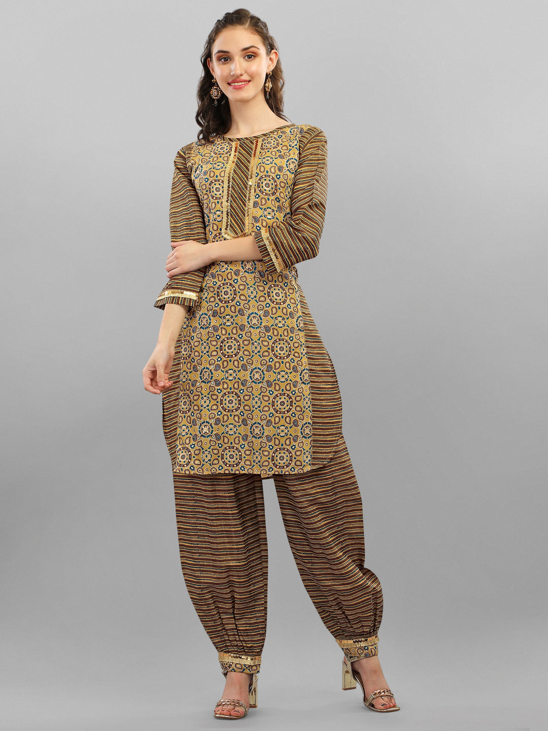 PRINTED KURTI, PANT & DUPATTA SET-YELLOW