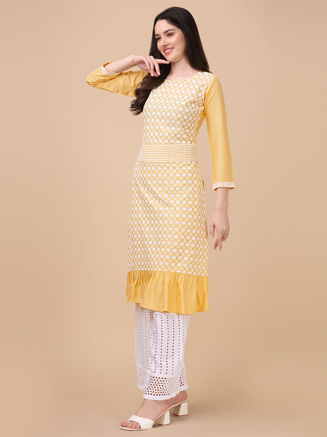 EMBROIDERY RAYON KURTI PALAZZO SET - YELLOW