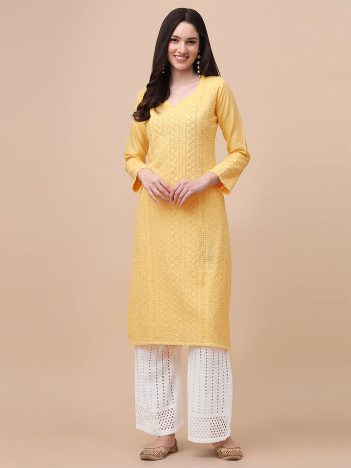 FANCY EMBROIDERY KURTI PALAZZO SET - YELLOW