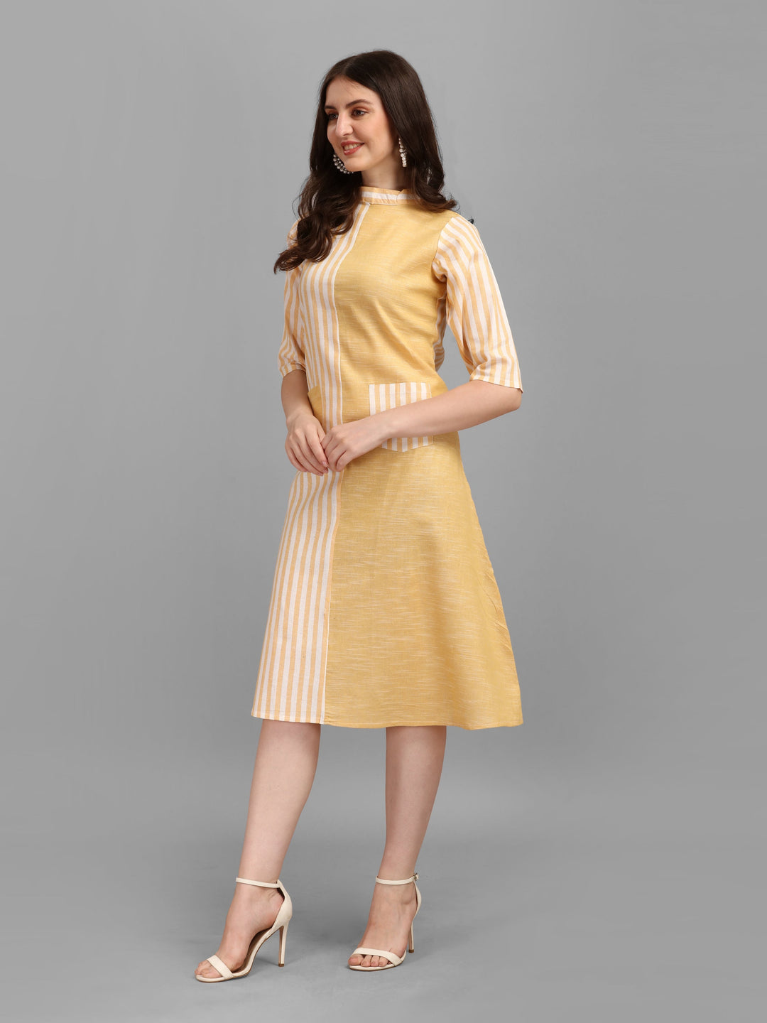 WOMEN STRIPED FANCY MIDI DRESS - YELLOW