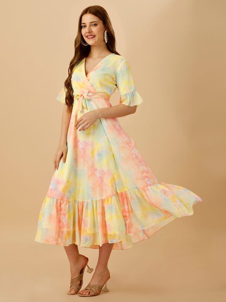 SPRING RUFFLED BELTED DRESS