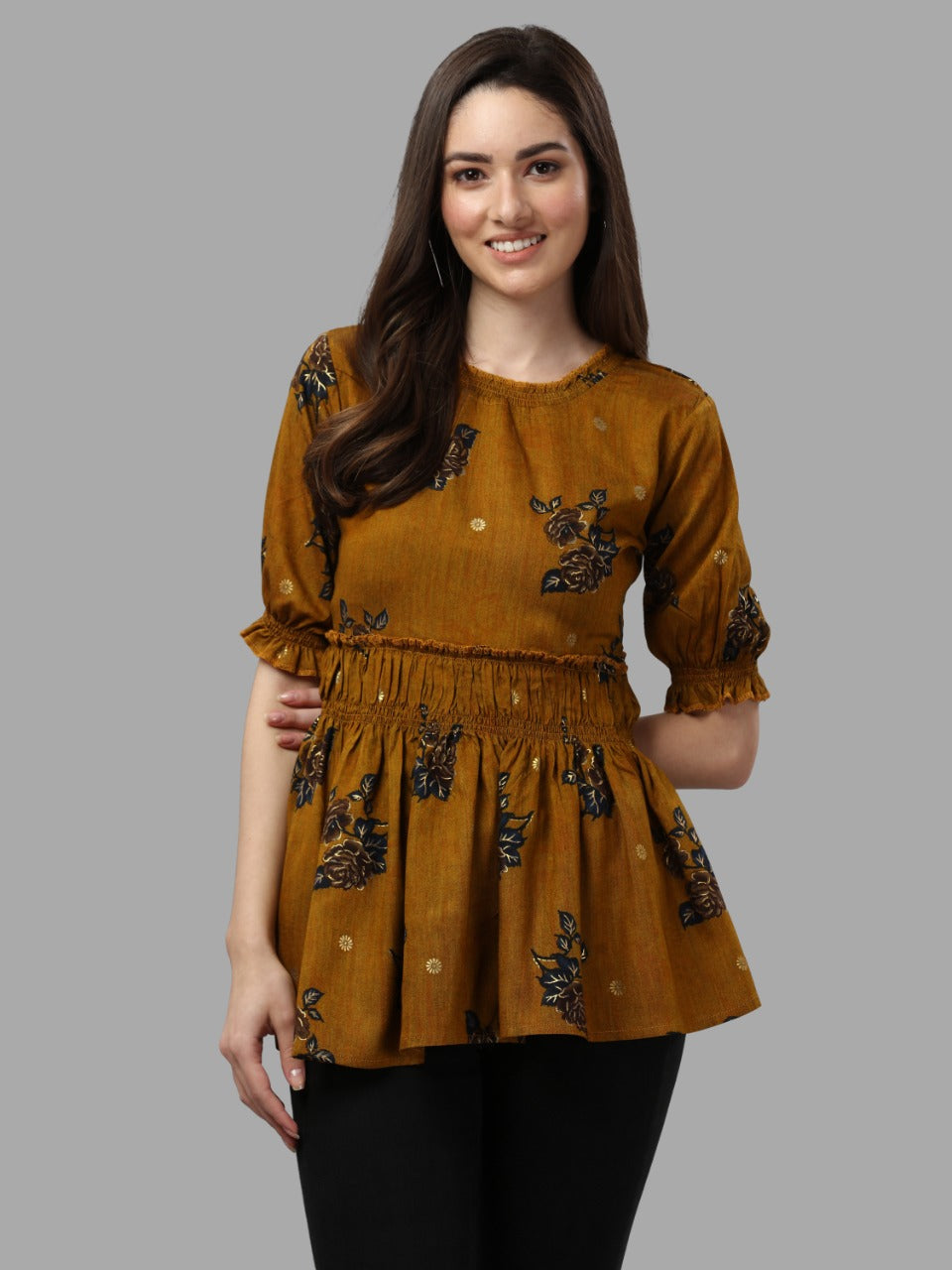 DARK FLORAL PRINTED TOP - BROWN