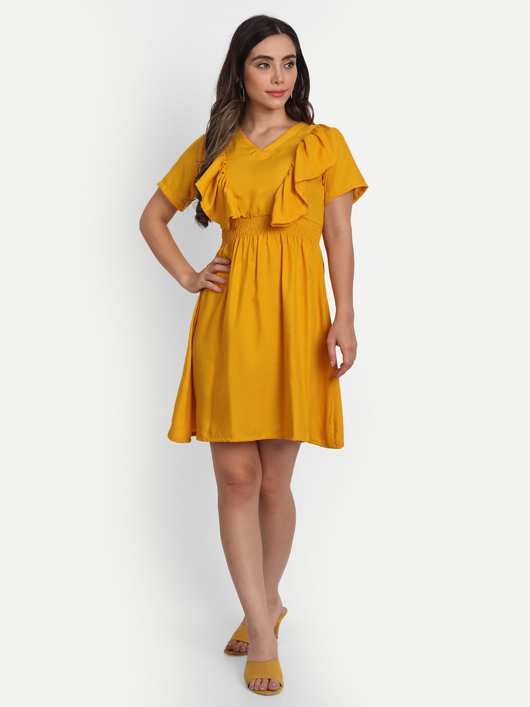 SOLID SHORT DRESS WITH RUFFLE-YELLOW