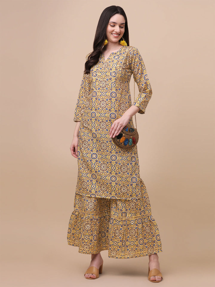 MULTI COLOR PRINTED SHARARA KURTI SET-YELLOW