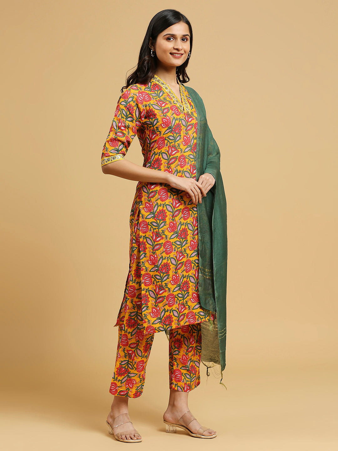 Embroidered Cotton Kurti, Pant, and Dupatta Set