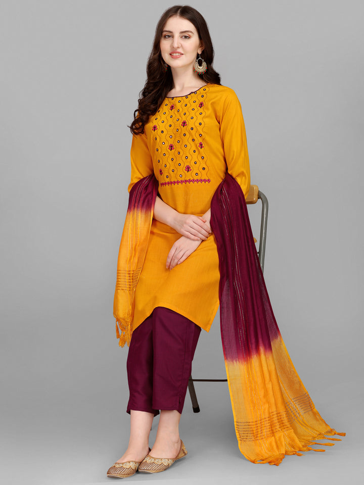 Ethnic Motifs Yoke Design Regular Thread Work Kurta With Trousers & Dupatta