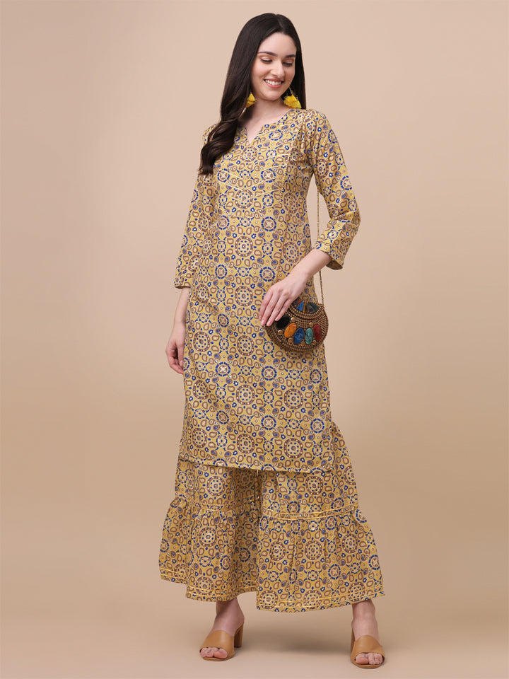 MULTI COLOR PRINTED SHARARA KURTI SET-BLUE