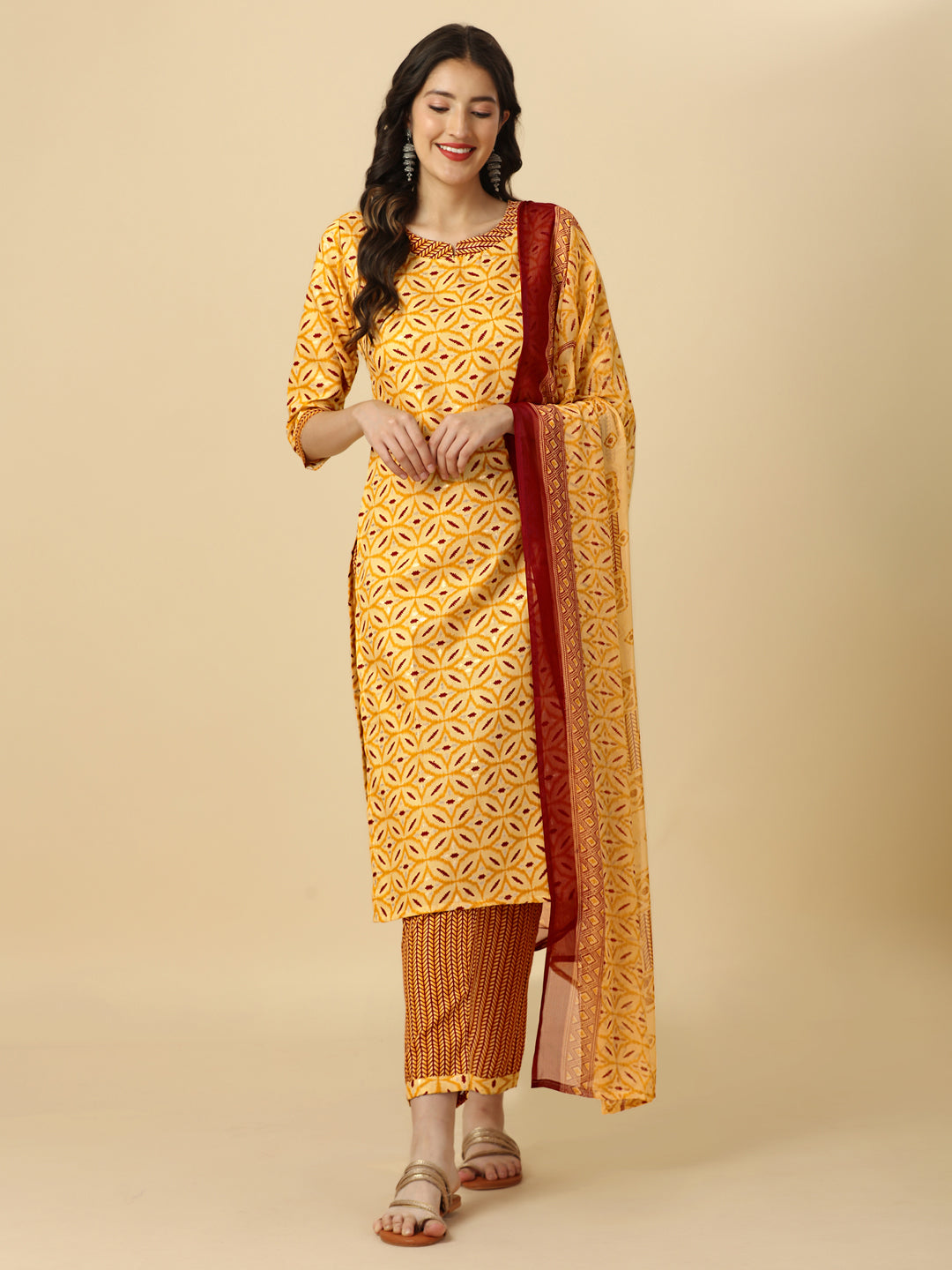 PRINTED KURTI PANT AND DUPATTA SET -PEACH