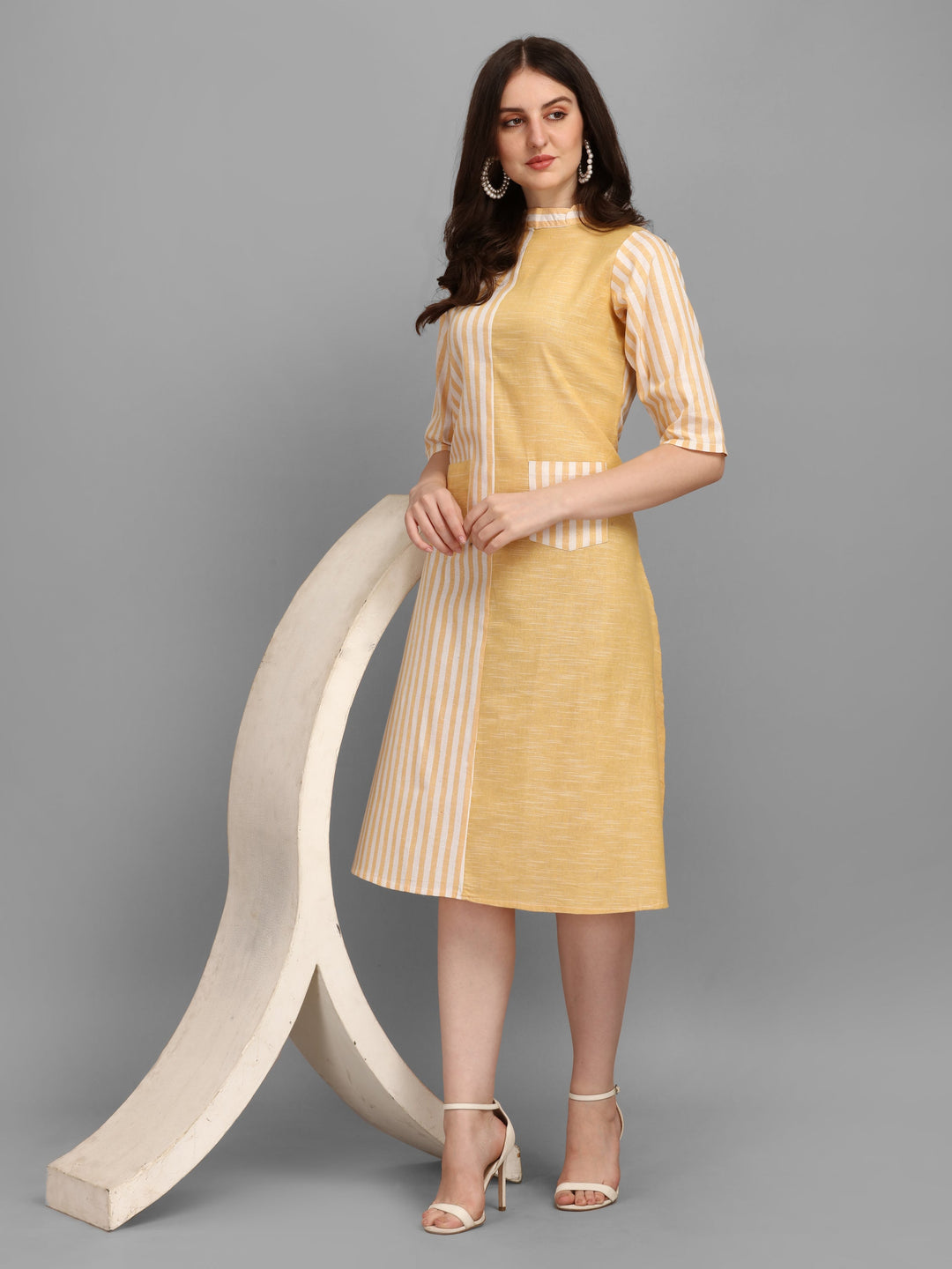 WOMEN STRIPED FANCY MIDI DRESS - BEIGE