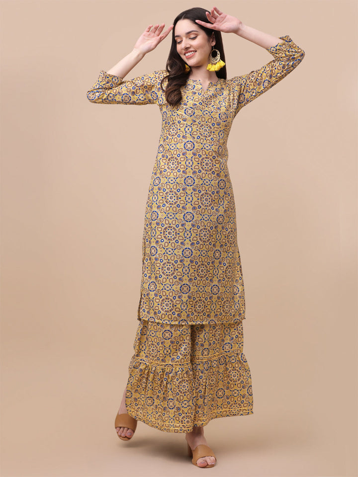 MULTI COLOR PRINTED SHARARA KURTI SET-YELLOW