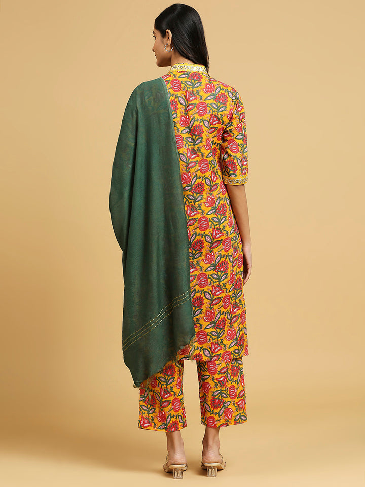 Embroidered Cotton Kurti, Pant, and Dupatta Set