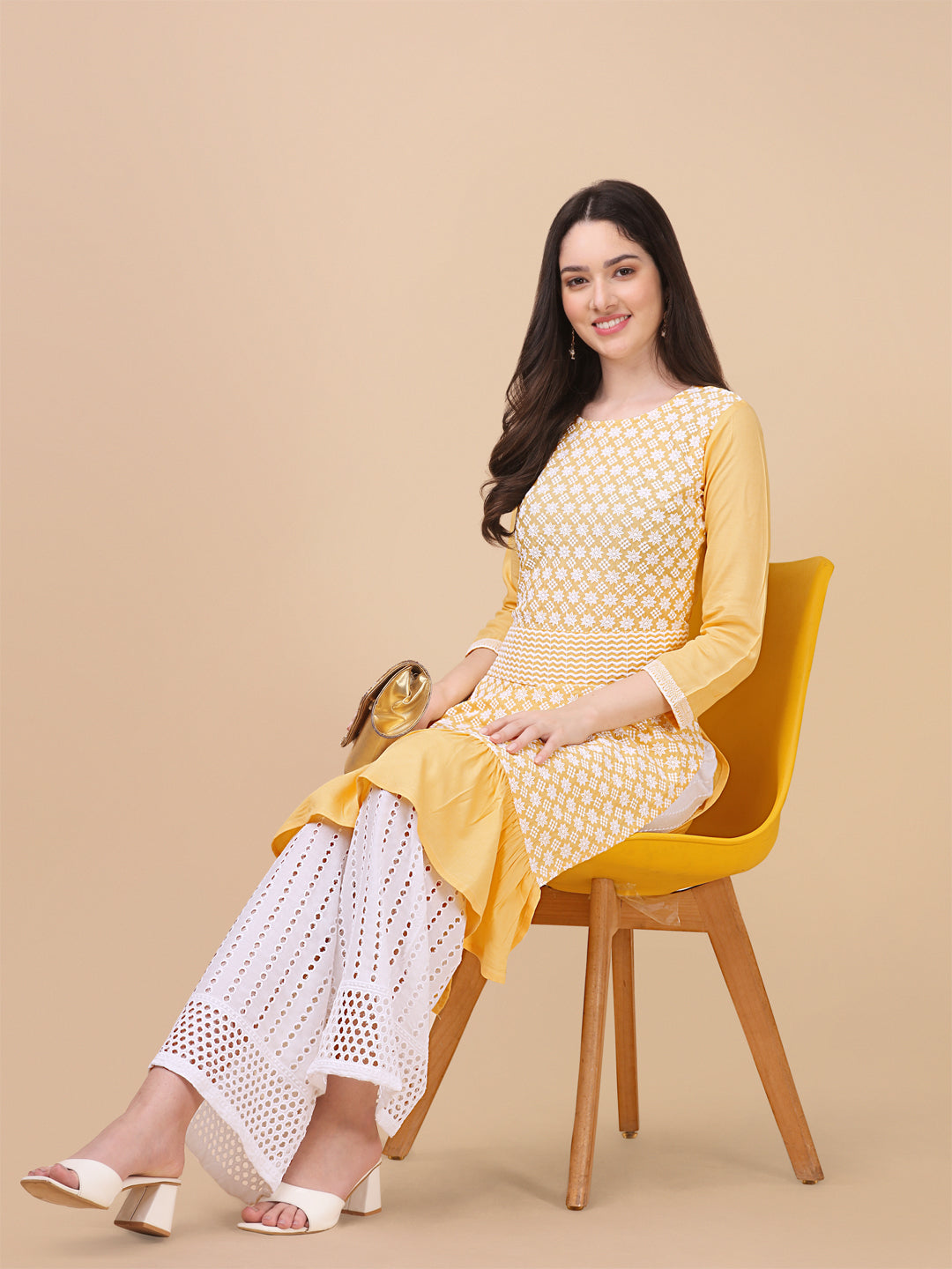 EMBROIDERY RAYON KURTI PALAZZO SET - YELLOW