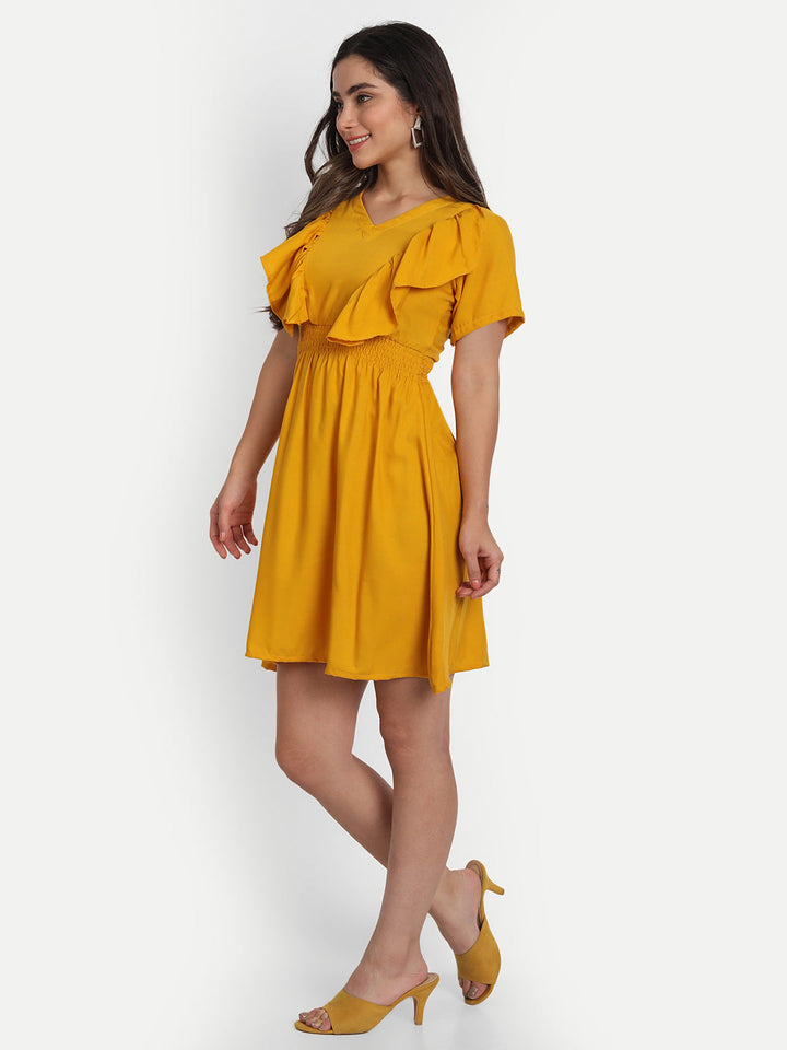 SOLID SHORT DRESS WITH RUFFLE-YELLOW