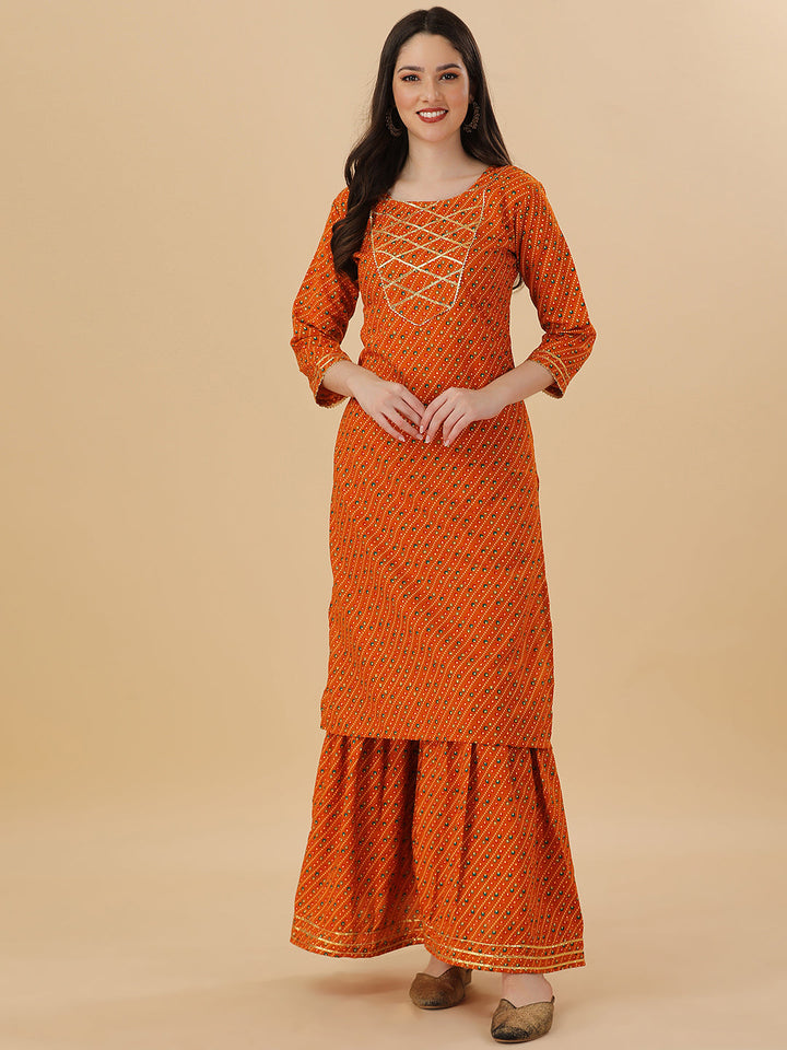 BANDHANI PRINTED SHARARA KURTI SET-YELLOW