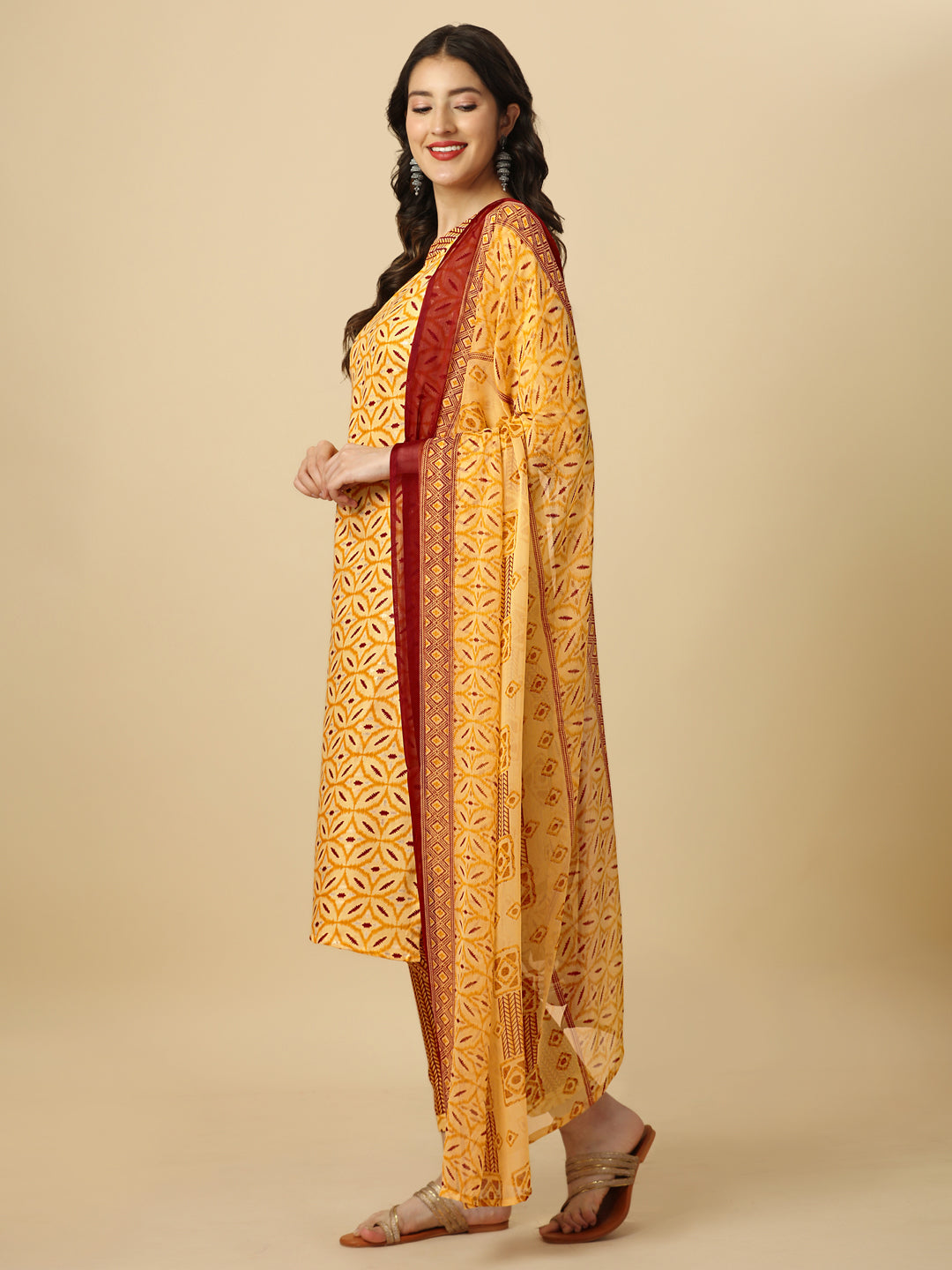 PRINTED KURTI PANT AND DUPATTA SET-BROWN