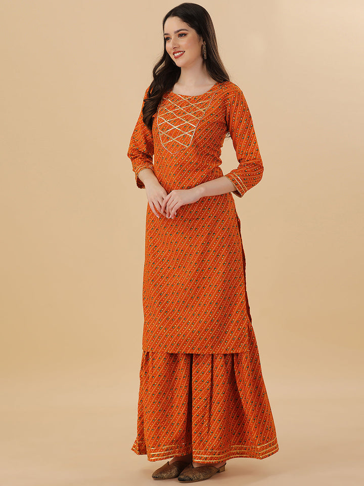 BANDHANI PRINTED SHARARA KURTI SET-YELLOW