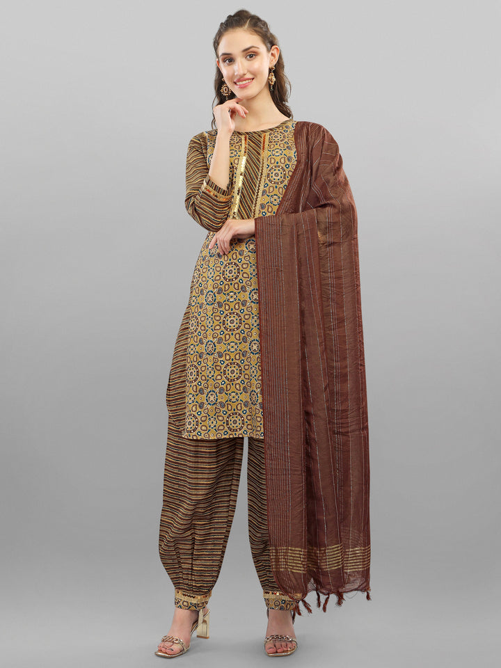 PRINTED KURTI, PANT & DUPATTA SET-YELLOW