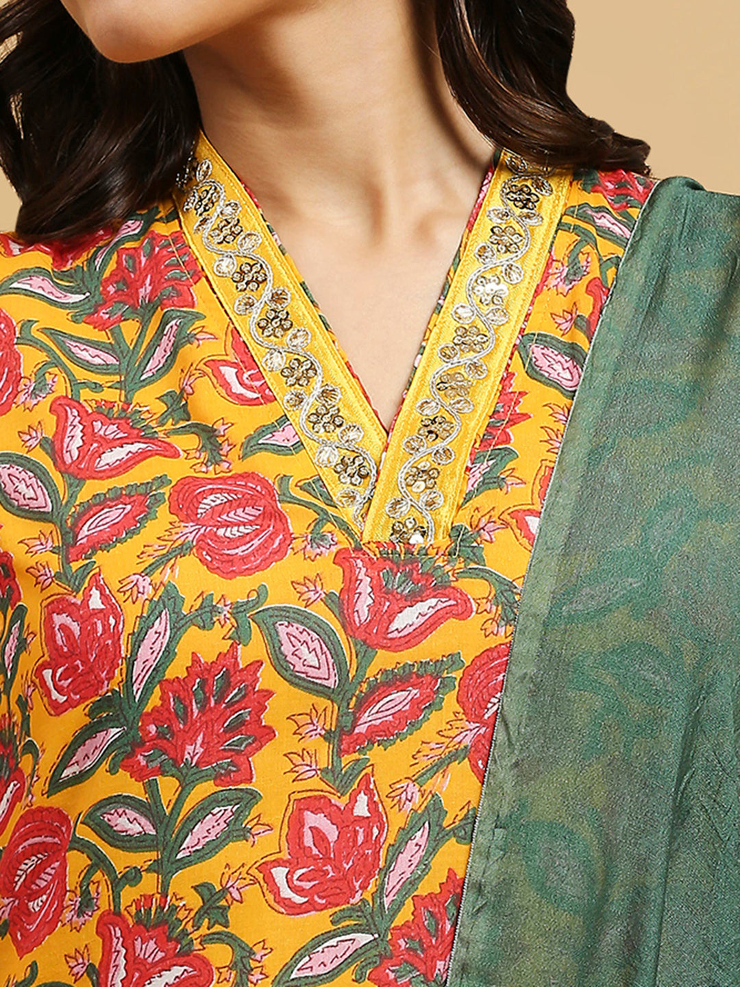 Embroidered Cotton Kurti, Pant, and Dupatta Set