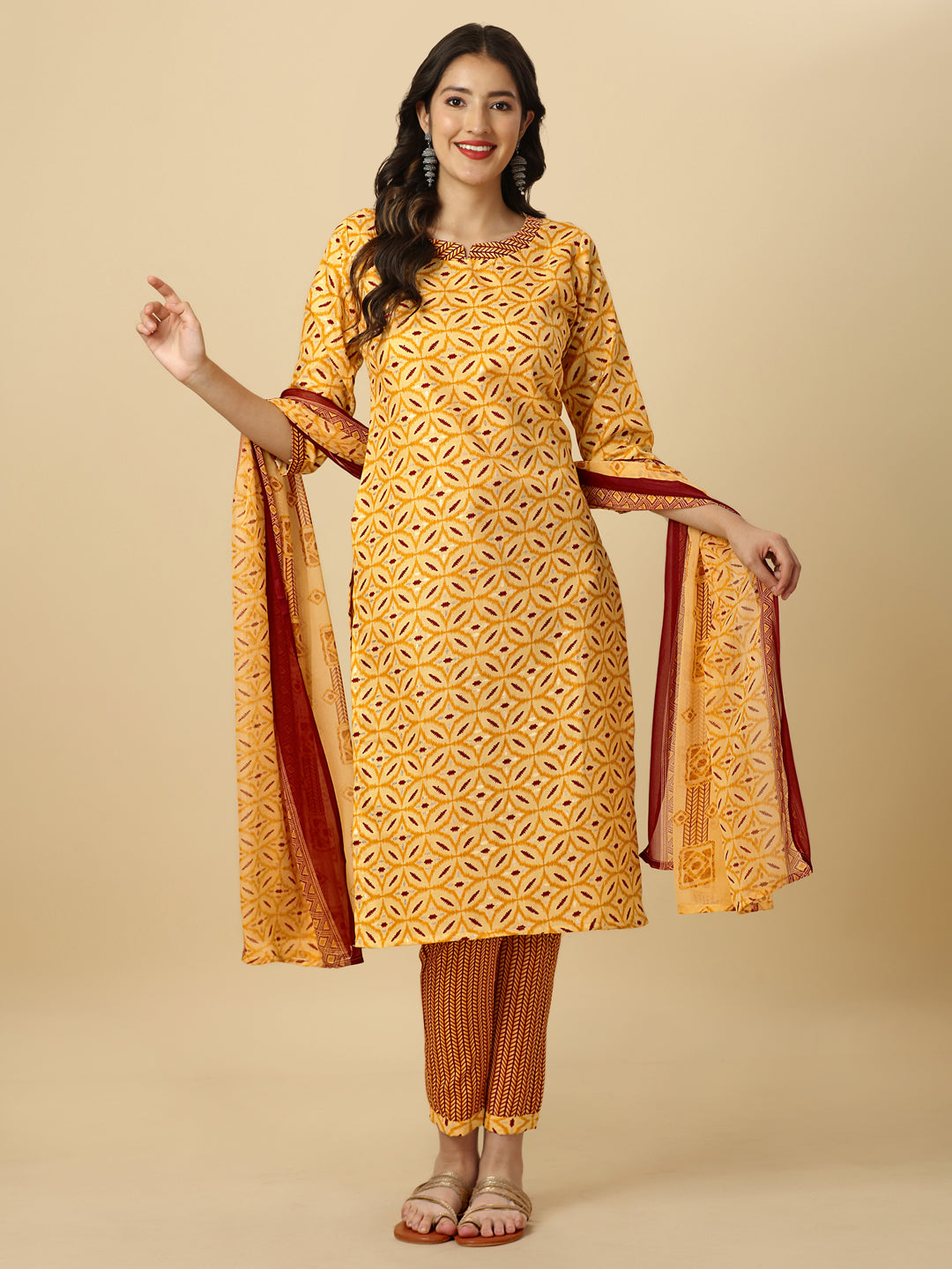 PRINTED KURTI PANT AND DUPATTA SET-YELLOW