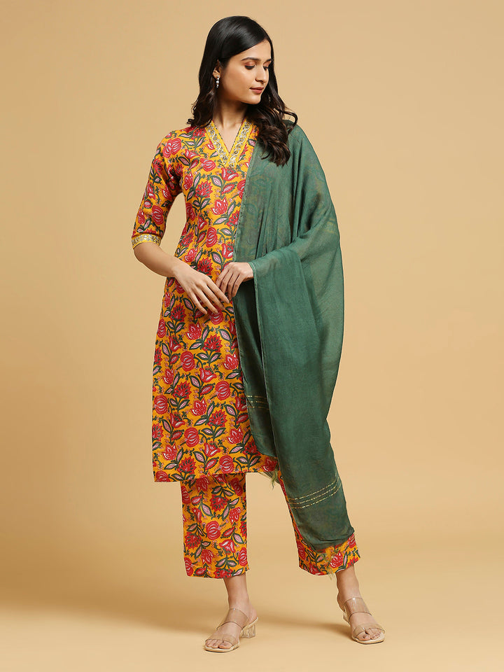 Embroidered Cotton Kurti, Pant, and Dupatta Set