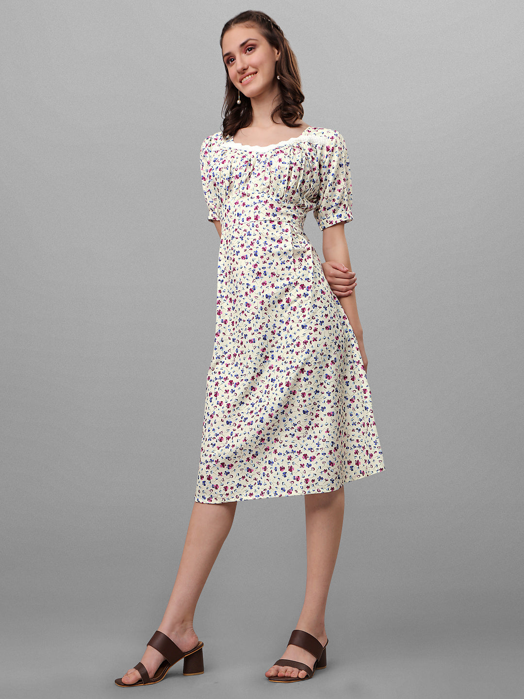 FLORAL PRINTED ELEGANT MIDI DRESS-YELLOW