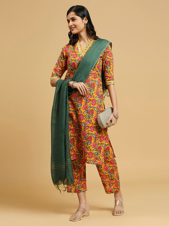 Embroidered Cotton Kurti, Pant, and Dupatta Set