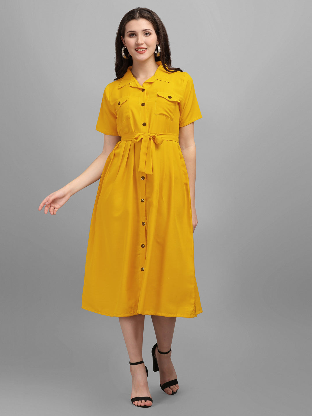 SOLID COLOURED SHIRT DRESS-YELLOW